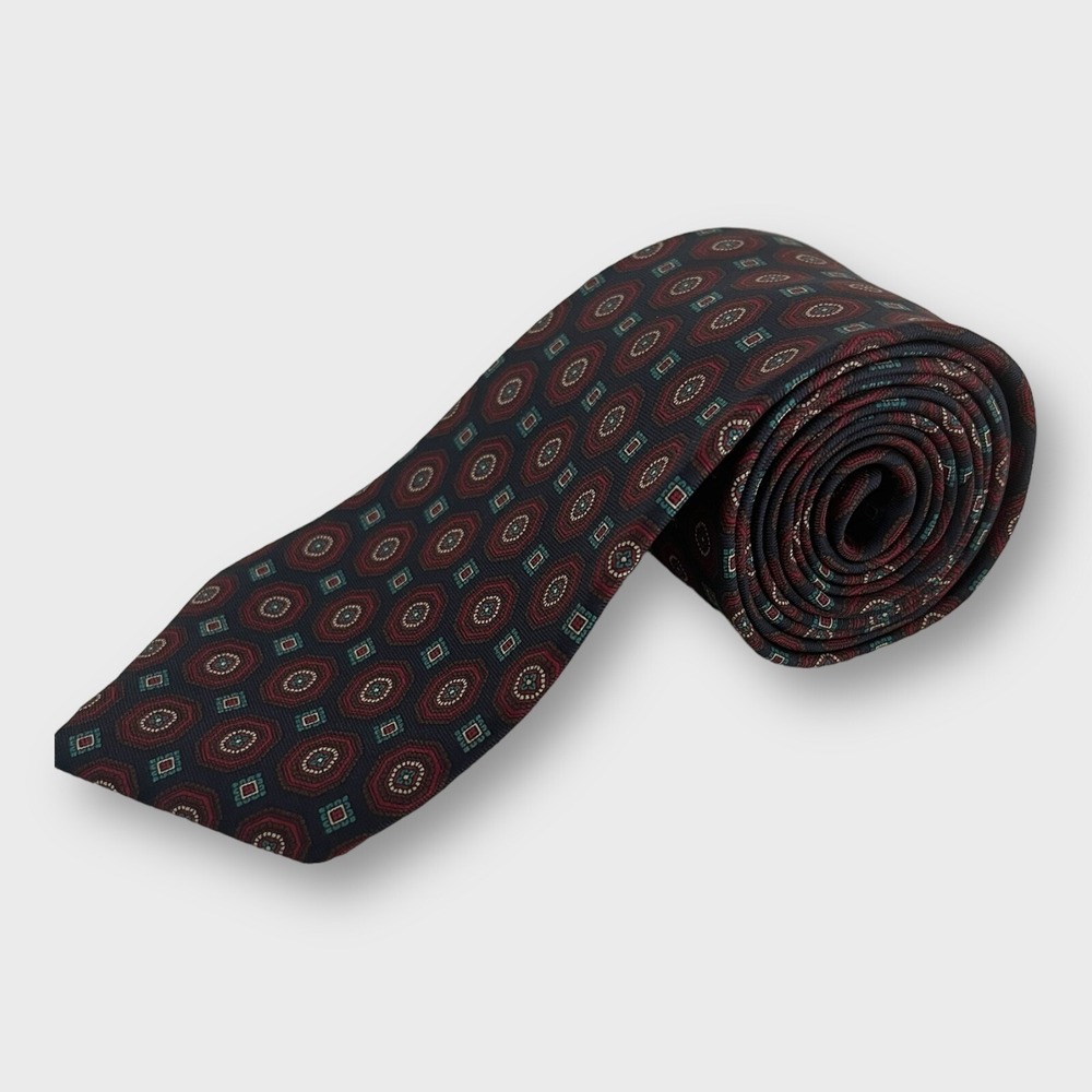 Vtg 80s Oscar de la Renta Couture Neck Tie Maroon Geometric Print Preppy Classic - Picture 2 of 5